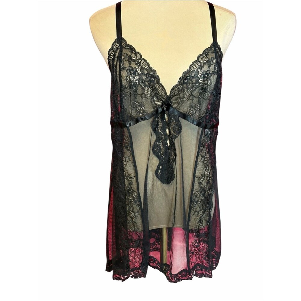 Adore Me Black Lace & Pink Sheer Babydoll Chemise Lingerie 1X Plus Size